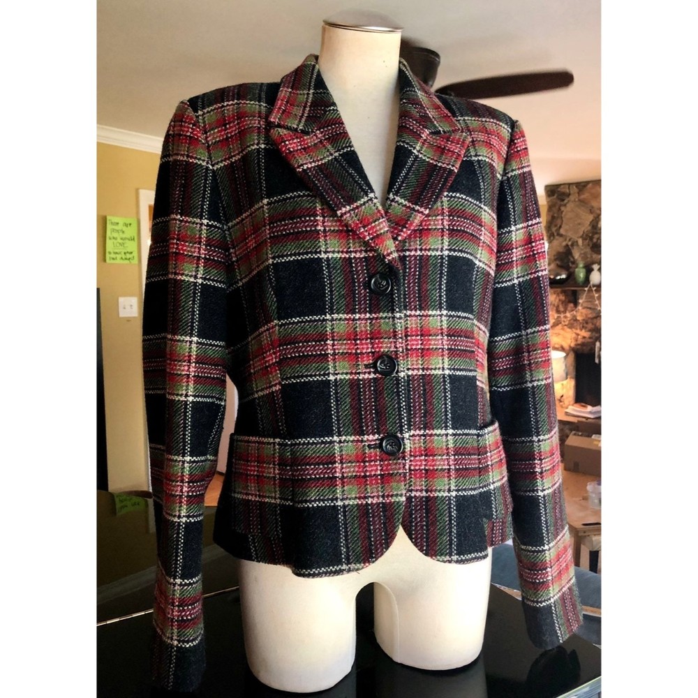 Vintage J. Peterman Co. Red & Green Tartan Plaid Wool Tweed Tailored Suit Jacket